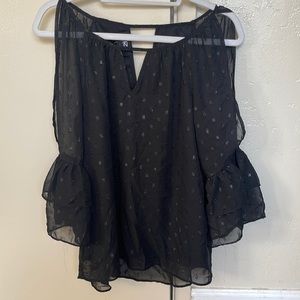 IZ BYER BLOUSE FLUFFY SLEEVES COLD SHOULDERBLACK WITH BLACK POLKA DOTS SZ Medium